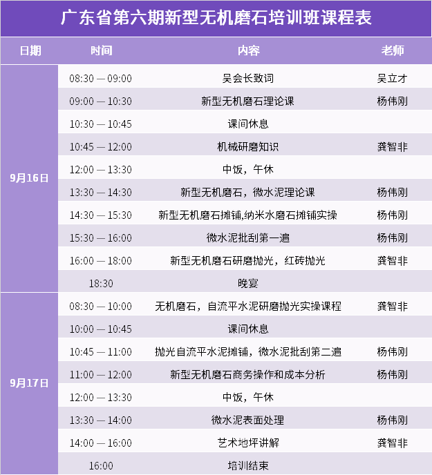 广东省第六期新型无机磨石培训班课程表